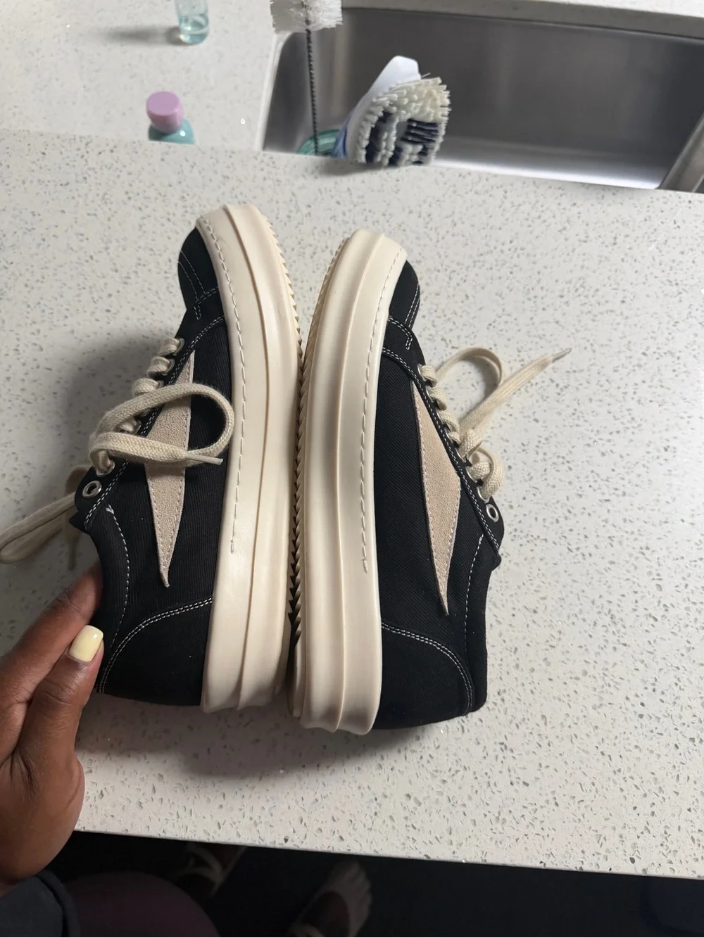 Rick Owens Black Canvas Sneakers with Cream Laces